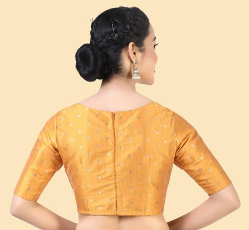 Image of Studio Shringaar Women Cotton Silk Silky Brocade Readymade Elbow Length Sleeves Saree Blouse Choli
