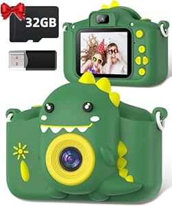 Kinderkamera, Gofunly Kinder Kamera 1080P 2, -Zoll-Bildschirm Fotoapparat mit 32GB-Karte Selfie Digitalkamera Fotokamera für 3-12 Jahre Jungen und Mädchen Weihnachten Spielzeug - Grün Dinosaurier