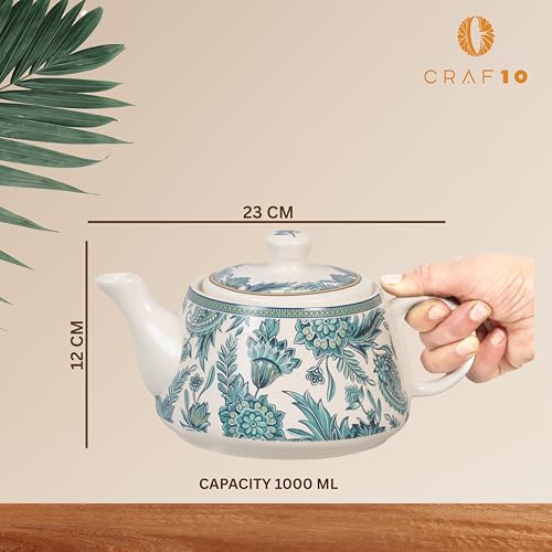 Image of CRAF10 Handcrafted Ceramic Stylo Blue Teapot Cup Set - 1 Kettle (1 Litre) & 6 Cups (160 ML), Microwave & Dishwasher Safe | Morning Set | Tea Sets with Kettle for Gifting