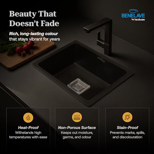 Image of Benelave by Hindware BLACP91008 Quartz Sink 18x16x8 for Kitchen | Single Bowl | Black Color | Better Sound Absorption for Quieter Use | 7-year Manufacturer Warranty