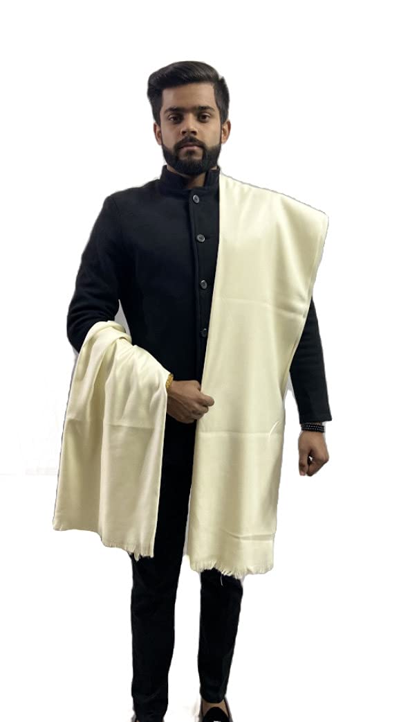 zaria fabs Men's Plain Woollen Dhariwal Lohi/Shawl, Wool Solid Shawl, Polyster Wool Blend Woven Men Shawl (Cream)-picture-15