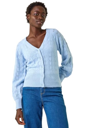 Image of Roman Pointelle Detail Knit Cardigan for Women UK - Ladies Autumn Everyday Winter Holiday V-Neckline Comfy Long Sleeve Soft Button Up Jumper Office Desk Sweaters - Blue - Size S