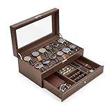 SONGMICS Uhrenbox, Uhrenkasten mit Glasdeckel, 2 Ebenen, f&uuml;r 12 Uhr, abschlie&szlig;bar, 1 Schublade, f&uuml;r Ringe, Armb&auml;nder, Geschenkidee, PU-Bezug in Braun, Innenfutter in Braun JWB012K01