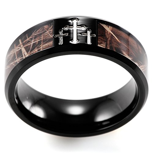 Men's 8mm Black Titanium Ring Mens Wedding Bands Contrasting Engraved Crosses and Brown Camouflage Inlaid Christian Ring2