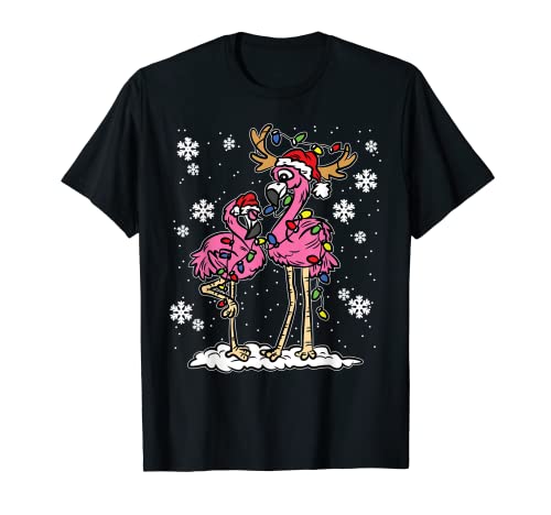 Flamingo Luces de Navidad Sombrero de Santa Pijama Lindo Animal X-Mas Camiseta
