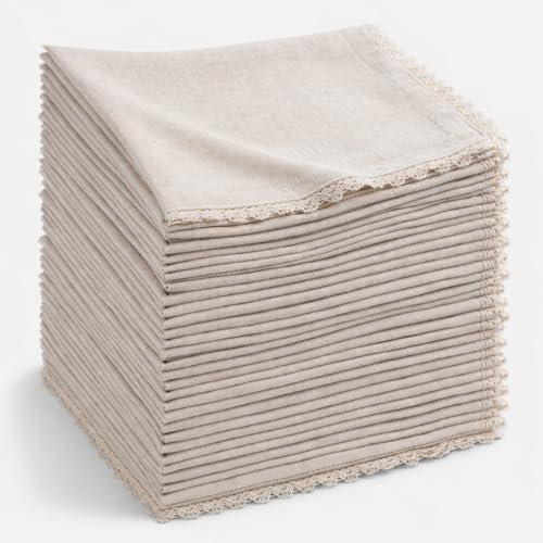 Image of FINGERCRAFT Cloth Napkins Set of 50, 20x20 Inch, Ivory Lace | Cotton Linen Blend Fabric, Decorative Trim Lace Edge, Mitered Corners, Reusable Washable, For Weddings & Banquets