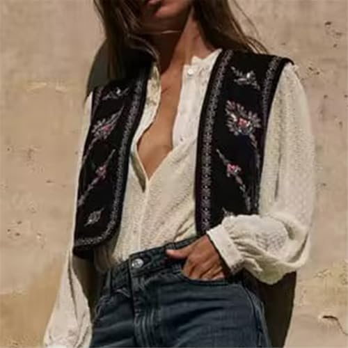 Image of Women Vintage Floral Embroidered Vest Y2K Sleeveless Open Front Cardigan Boho Linen Cropped Waistcoat