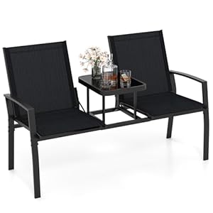 COSTWAY Gartenbank mit Tisch, 2-Sitzer Bank, Sitzbank mit atmungsaktivem Stoff, Balkonbank, Balkonmöbel, Sitzgruppe für Balkon, Garten, Terrasse, 137 x 66 x 87 cm