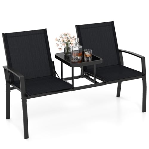 COSTWAY Gartenbank mit Tisch, 2-Sitzer Bank, Sitzbank mit atmungsaktivem Stoff, Balkonbank...