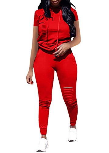Women Casual 2 Piece Sport Outfits Short Sleeve Ripped Hole Pullover Hoodie Sweatpants Set Jumpsuits (Red, S)