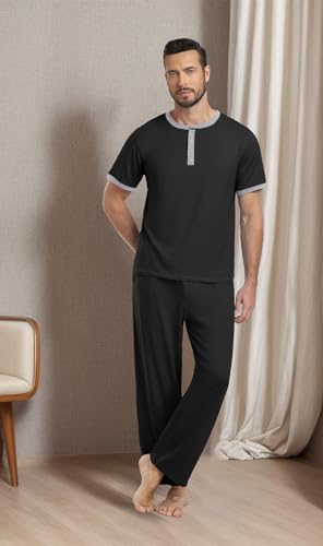 PrinStory Men's Pajama Set Pjs Sleepwear Lightweight Quick Dry Cozy Short Sleeve Button Neck Shirts and Pants Soft Sleep Sets3