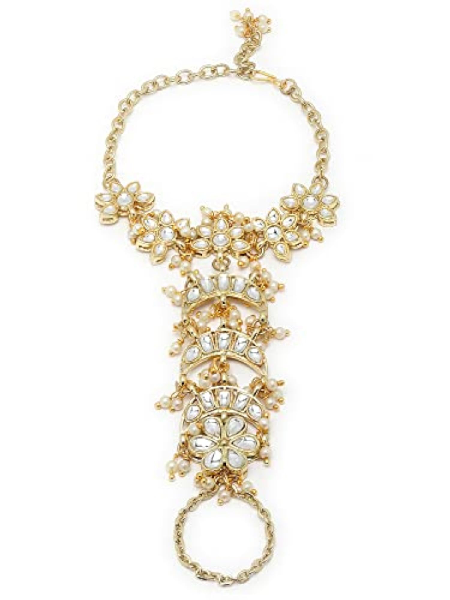 Women's Gold Plated Pearl & Moon Shape Kundan Hathphool