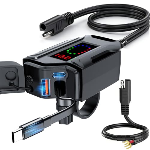 Motorcycle USB Charger 3-in-1 Fast Charging with USB-A & USB-C + Retractable Type-C Cable 1224V Waterproof IP56 LED Voltmeter Handlebar & Mirror Mount for Motorbike ATV