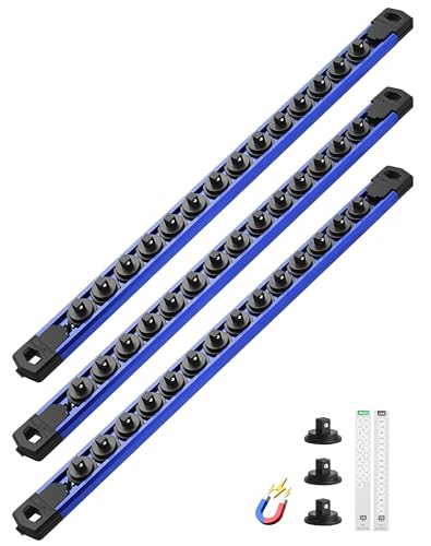 Image of ALOANES Magnetic Socket Organizer Set, 3-Piece Heavy Duty Aluminum Socket Rails, 360 Swivel Clips Socket Rail Kit for Tool Tray Drawer Fit 1 /4-Inch x 42 Clips (Blue, 3PC)