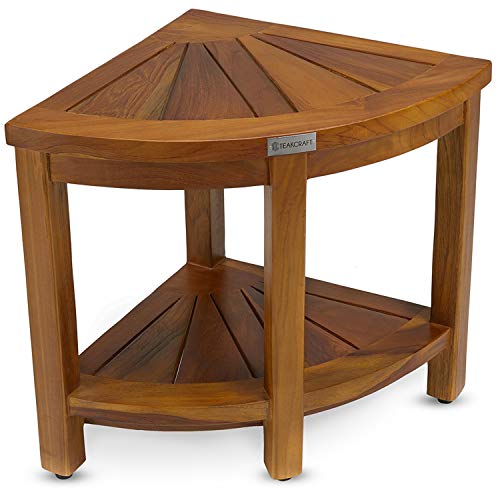 TeakCraft Teak Corner Shower Bench Seat for Bathroom - Waterproof Shower Stool - Fully Assembled, The Saga