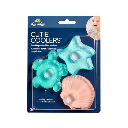 Image of Itzy Ritzy Water-Filled Teethers - Cold Cutie Coolers Textured On Both Sides to Massage Sore Gums & Emerging Teeth - Can Be Chilled in Refrigerator, Set of 3 Seaside Water Teethers