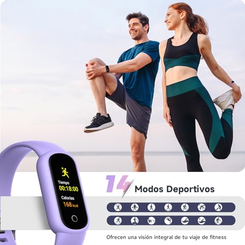 TOOBUR Smartwatch Mujer Reloj Inteligente Muje Impermeable IP68 Pulsera Actividad con Pulsómetro, Podómetro, Monitor Sueño, Notificación de Mensajes 14 Deportes para Android iOS, Lila - imagen 6
