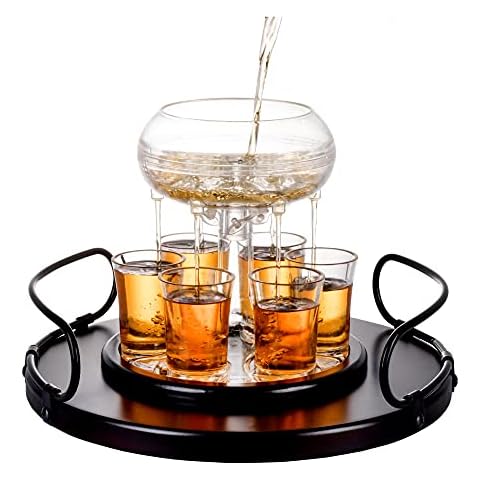 Shot Glass Dispenser Gift Set - Rich Wood Mahogany Serving Tray - 6 Shot Acrylic Glass Dispenser and Holder - Whiskey, Liquids, Drinks, Beverages, Cocktail for Drinking Games, Parties and Bars, Bezrat Cover
