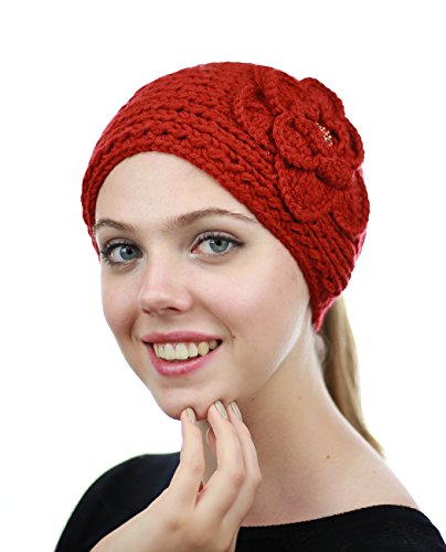 NYFASHION101 Stone Accent Hand Knitted Flower Winter Headband Headwrap, Orange