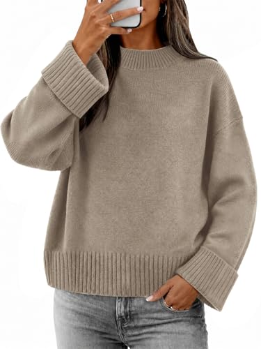 ATHMILE Sweaters for Women 2026 Fall Fashion Outfits Long Sleeve Loose Casual Crewneck Ribbed Knit Pullover Winter Clothes Camel