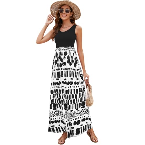 Image of Sherosa Women Boho Chevron Striped Floral Printed Summer Sleeveless Tank Long Maxi Party Dress