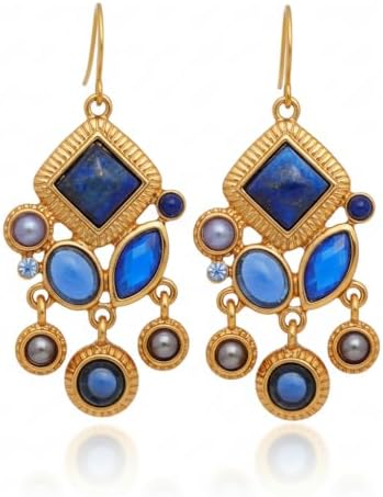 Bohemian Multi-Color Stone Drop Dangle Earrings for Women, Gold Tone with Turquoise, Coral Pink, Yellow, Red, Green, Purple Cabochon Stones, Chandelier Style, 5.5cm x 2.5cm image 5