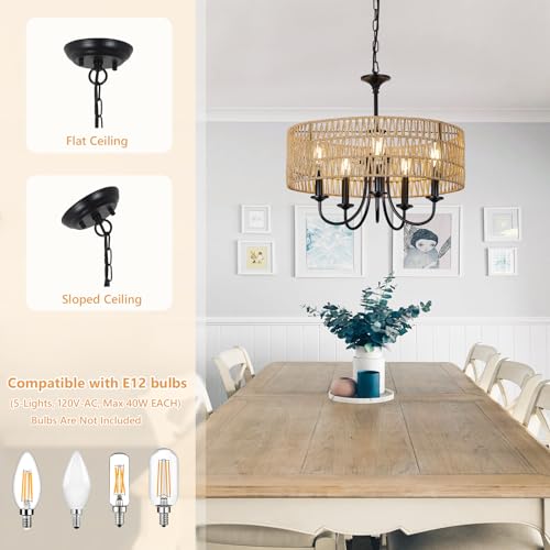 LAMSU Modern Farmhouse Chandelier Light Fixtures, 5-Lights Large Rattan Pendant Lighting with Hand Woven Wicker Shade, Boho Black Chandeliers for Dining Room Living Room Kitchen Island Bedroom by LAMSU - Image 5