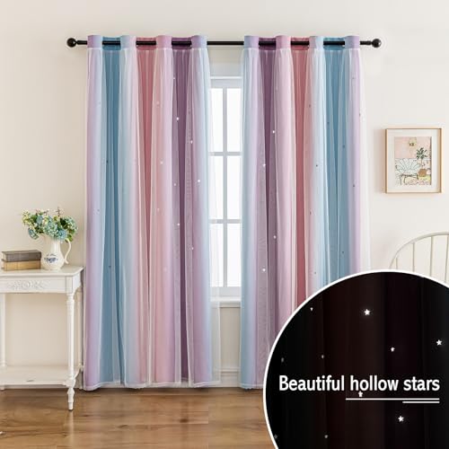 Image of indistar Colourful Stripe Star Cut-Out Blackout Curtains for Bedroom,2 Layers Mix Design of Fabric & Tulle,Pretty Window Curtain for Kids Room 1 Panel (W52 x L63 Purple Pink Blue)