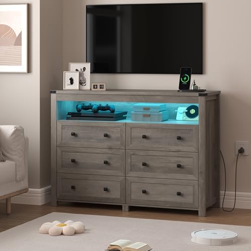 Wodeer Grey Dresser 6 Drawer Dressers for Bedroom with LED Lights...