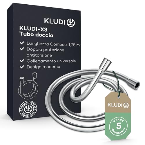 KLUDI-X3 tubo doccia universale 1,25 m, facile da pulire, flessibile docciaa con doppia protezione antitorsione, resistente al kink, attacco standard, tubo flessible doccia cromo