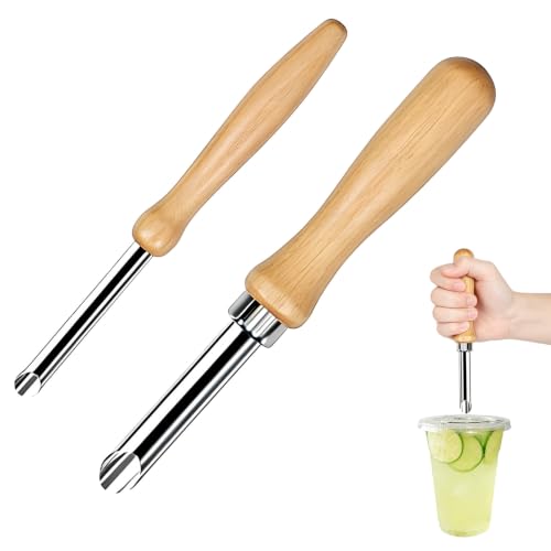 2 Pcs Straw Puncher for Plastic Lids Stainless Steel Straw Hole Punchers for Plastic Lids with Ergonomic Wooden Handle Circular Clay Hole Cutters for Lemonade Cups Cafe Drinks Pottery Clay