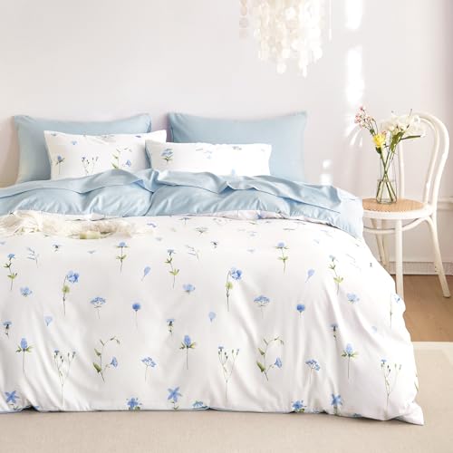 Image of Wake In Cloud - Floral Comforter Set, Cottagecore Cute Aesthetic Watercolor Tiny Flowers and Leaves, Soft Lightweight Bedding for Women Teen Girls, 3 Pieces, Blue, Full Size