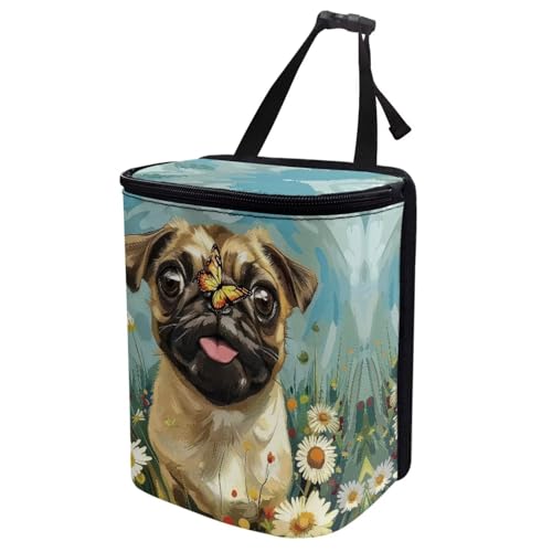 Image of Talayituse Pug Dog Daisy Butterfly Print Car Trash Can with Adjustable Straps, Foldable Car Trash Bag Bin Car Garbage Bag Multipurpose Storage Box for Vehicle Travel Camping Picnicing