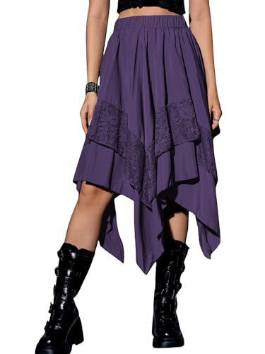 Women's Boho Midi Skirt Flowy Fairy Skirt Y2k Contrast Lace Layered Asymmetrical Skirts Streetwear