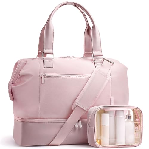Travel Duffle Bag for Women 40L Weekender Bags Airline Approved Carry On with Shoe Compartment & Waterproof Wet Pocket Durable Nylon Weekender Overnight Bag for Travel Gym Business Trip Pink