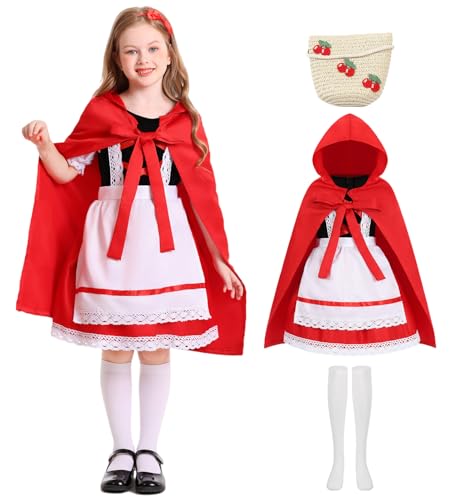 Girls Little Red Riding Hood Costume Kids Short Sleeve Princess Dress with Apron & Hooded Cape, Includes Knee High Socks Woven Bag – Book Character Halloween Costumes Birthday Fairy Tale Dr...