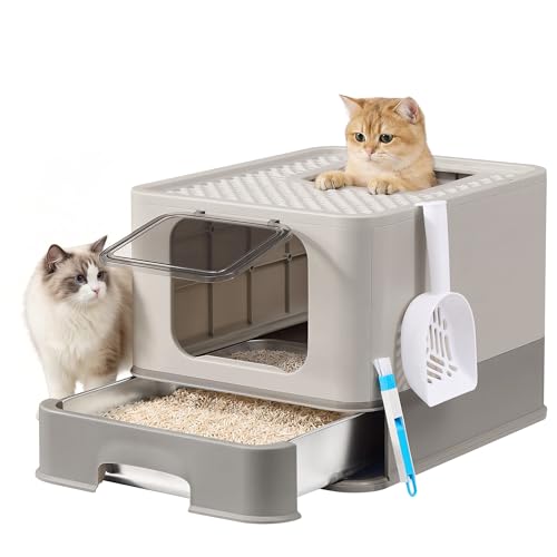 Feandrea Bac à Litière pour Chat en Acier Inoxydable, Caisse Litière avec Plateau Coulissant, Pelle, Brosse, 2 Entrées, pour Chats Jusqu’à 15 kg, Gris Clair et Gris Foncé PPT004G101