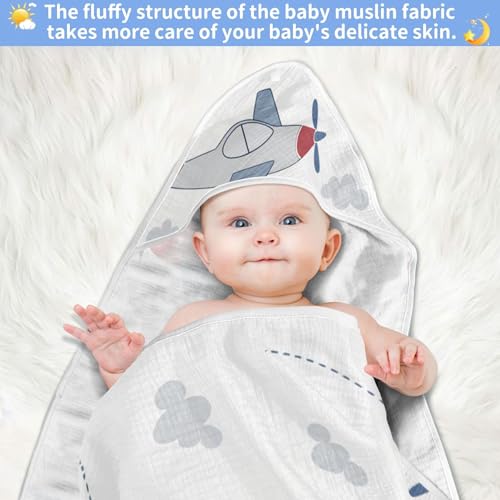 Image of Burbuja Cartoon Airplane Baby Bath Towel - Soft Absorbent Muslin Cotton Hooded Towel for Newborn Infant Toddler, 35x35 in