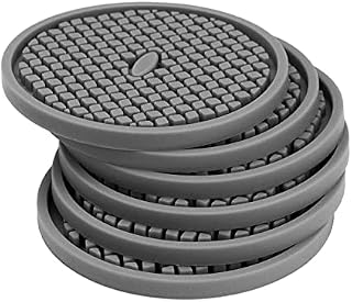 JYKJ Silicone Drink Coasters Set of 6 in Holder - Protect Furniture From Water Marks & Damage, Coaster with Deep Grooved and Non-Slip Bottom for Coffee Beer Mug Wine Glass (Grey)
