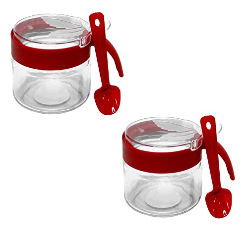 Açucareiro De Vidro Com Colher Porta açucar Porta Condimentos de 300ml (2UND) (Vermelho)