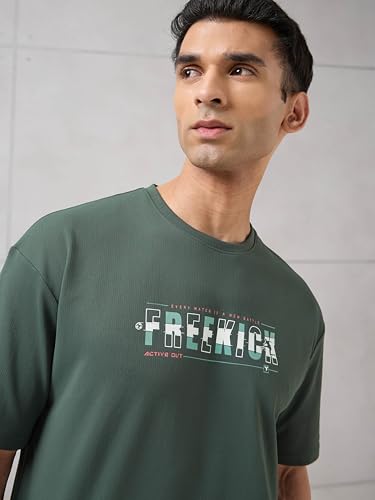 Image of TECHNOSPORT Men's Typography Printed T-Shirt ELASTOPLUS Quick Dry Slim Fit Round Neck Sports Tee for Gym Running Casual Wear UPF50+ Anti Odour