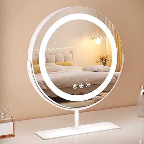 MZQMK Espejo Cosmético LED, Rotación 360°, Base con Estante, Diseño, Espejo De Maquillaje, Accesorios Baño(D,31.5cm/12in)