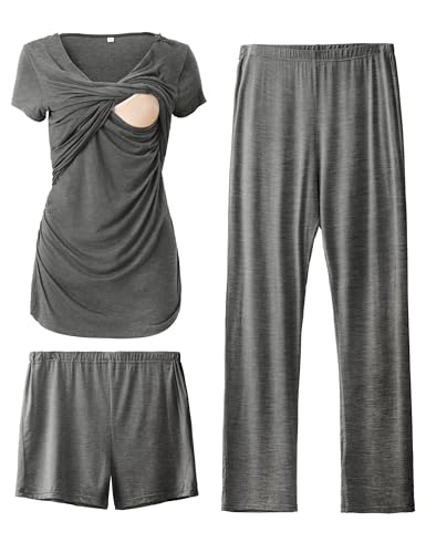 Image of SUNNYBUY Women's Maternity Postpartum Pajamas Set, Breastfeeding Tops，Adjustable Pregnancy Shorts & Pants 3 Piece Nursing PJS