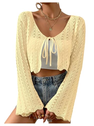 Image of SHENHE Women's Tie Front Cardigan Trumpet Sleeve Pointelle Knit Crop Tops
