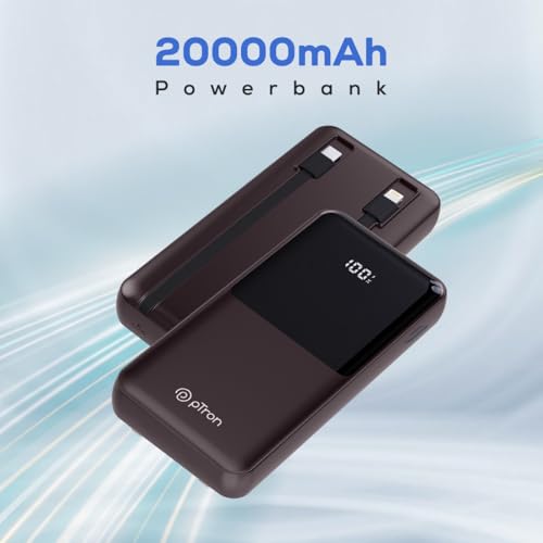 Image of pTron Dynamo Bolt 20000mAh 35W Super Fast Charging, USB Type-C Input Power Bank Compatible with QC3.0 /PD3.0 (Power Delivery),Built-in Charging Cables,4 Charging Outputs,Type-C Input /Output Port(Brown)