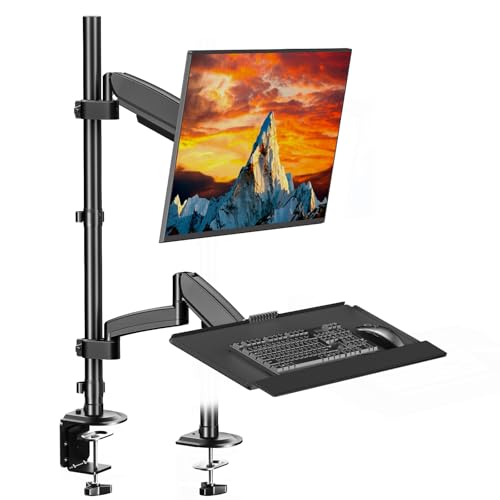 PUTORSEN Sit Stand Monitor Desk Mount for 17-32 inch Screens, Height Adjustable Full-Motion Articulating Arm with Keyboard Tray,19.8 lbs Monitor & 2.2lbs Tray Capacity, C-Clamp & Grommet Mount,Black by PUTORSEN - Used condition - US$78.36