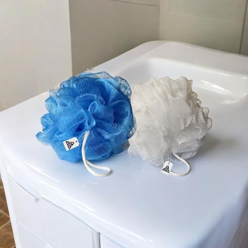 Image of QBZ Large Bath Loofah Sponge Scrubber Exfoliator for High Lather Cleansing (SKY BLUE & WHITE, 1 Count (Pack of 2))