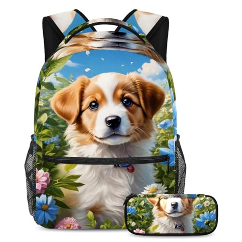 Sac à dos chien et fleur avec trousse pour fille et garçon multicolore