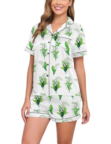 Image of Veseacky Women Satin Pajamas Set 2 Piece Button Down Short Sleeve Soft Sleepwear with Pockets