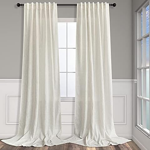 Pitalk Natural Linen Blend Back Tab Sheer Curtains 90 Inches Long for Living Room 2 Panels Rod Pocket Draperies Light Filtering Semi Sheer Cream Curtains for Bedroom Farmhouse Decor Ivory 52x90 Length Cover